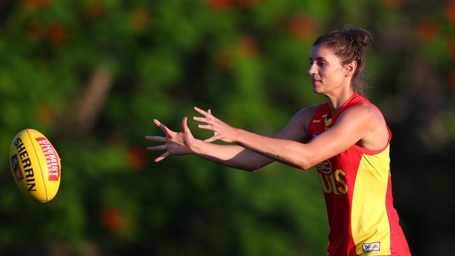 Jasmyn Hewett during a Gold Coast Suns AFLW training session at Leyshon Park on January 29, 2020 in Brisbane, Australia. (Photo by Chris Hyde/Getty Images)