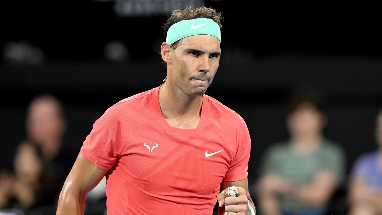 BRISBANE, AUSTRALIA - JANUARY 02: Rafael Nadal of Spain celebrates after winning a point in his match against Dominic Thiem of Austria during day two of the 2024 Brisbane International at Queensland Tennis Centre on January 02, 2024 in Brisbane, Australia. (Photo by Bradley Kanaris/Getty Images)