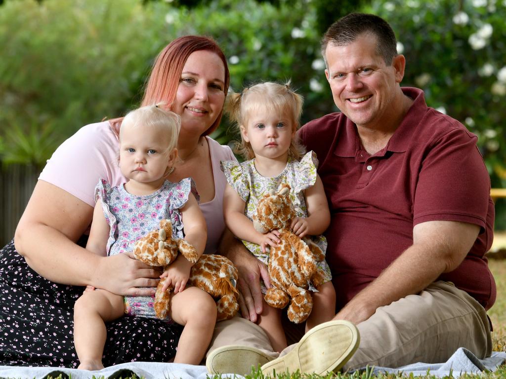 Lindsey and Jamesion with twins Abigail and Annabelle, 16 months, near their Aitkenvale home. Picture: Evan Morgan