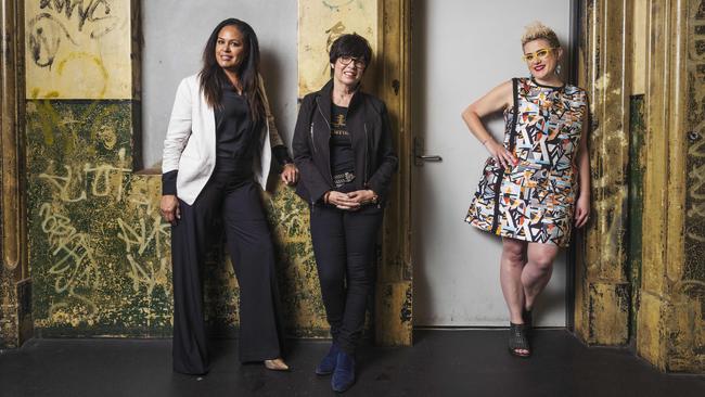 AWMAs founder Vicki Gordon (centre) at the Brisbane Powerhouse in 2018, with singer-songwriters Christine Anu (left) and Katie Noonan. Picture: Glenn Hunt