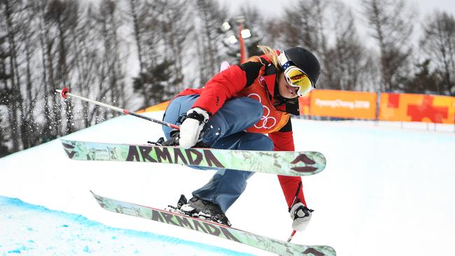 Elizabeth Swaney competes for Hungary during the women’s ski halfpipe qualifiers, in which she finished dead last. Photo: Getty Images