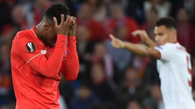 Liverpool's English forward Daniel Sturridge reacts.