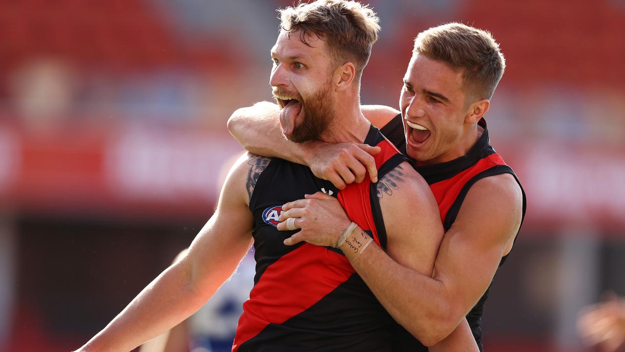 Jake Stringer of the Bombers celebrates with Matt Guelfi after kicking a goal. Picture: Michael Klein