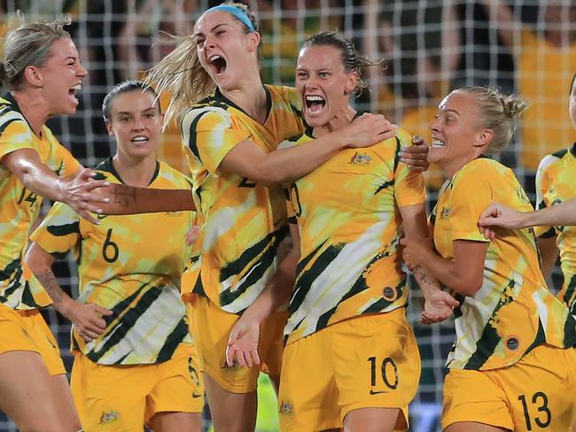 *APAC Sports Pictures of the Week - 2020, February 17* SYDNEY, AUSTRALIA - FEBRUARY 13: The Matildas celebrate a Emily van Egmond goal during the Women's Olympic Football Tournament Qualifier between Australia and China PR at Bankwest Stadium on February 13, 2020 in Sydney, Australia. (Photo by Mark Evans/Getty Images)
