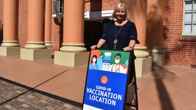 VACCINE HUB: Executive Director of Nursing and Midwifery at WBHHS Fiona Sewell outside the vaccination hub at Maryborough City Hall. Photo: Stuart Fast