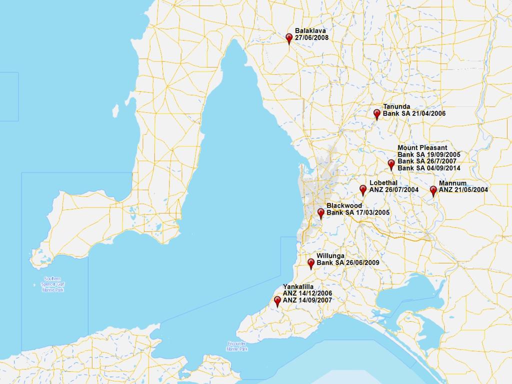 A map of all the bank robberies carried out by the Bicycle Bandit. Picture: Supplied