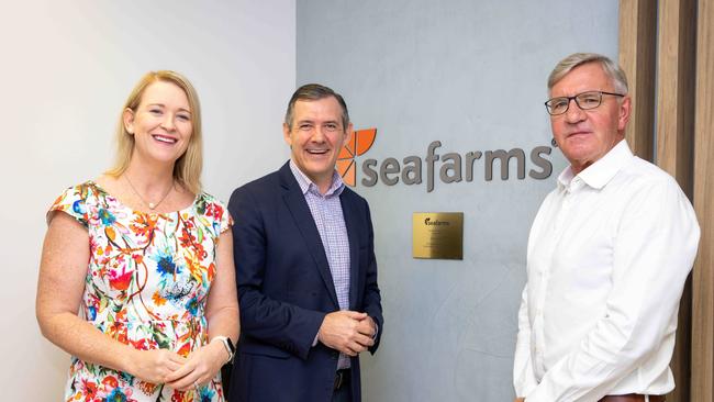 Northern Territory Minister for Agribusiness and Aquaculture Nicole Manison and Chief Minister Michael Gunner meet with Seafarms Chair Ian Trahar in Darwin last year to announce the construction progress for Project Sea Dragon. Picture: Charlie Bliss.