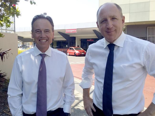 Federal LNP Health Minister Greg Hunt with Member for Petrie Luke Howarth at Redcliffe Hospital to announce the approval of an MRI licence. Picture: Alan Quinney