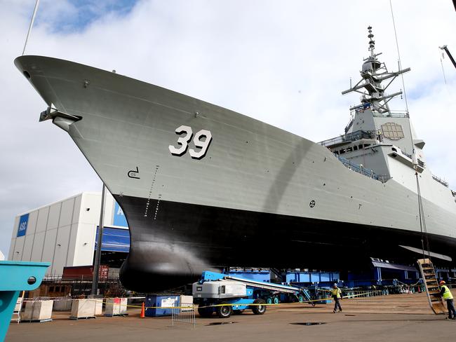 HMAS Hobart, the first Air Warfare Destroyer built in Adelaide, just before its launch in 2015. Picture: Calum Robertson