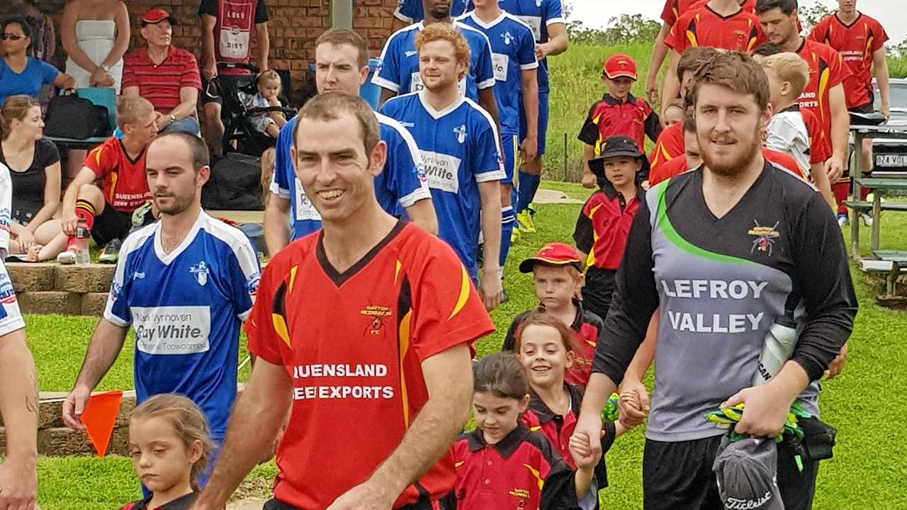 STRONG CULTURE: Gatton Redbacks captain and club president Adam Halstead leads the premier men's team for their opening game of the season. Halstead believes the club's strong and positive culture is the reason behind their continued growth. Picture: Contributed