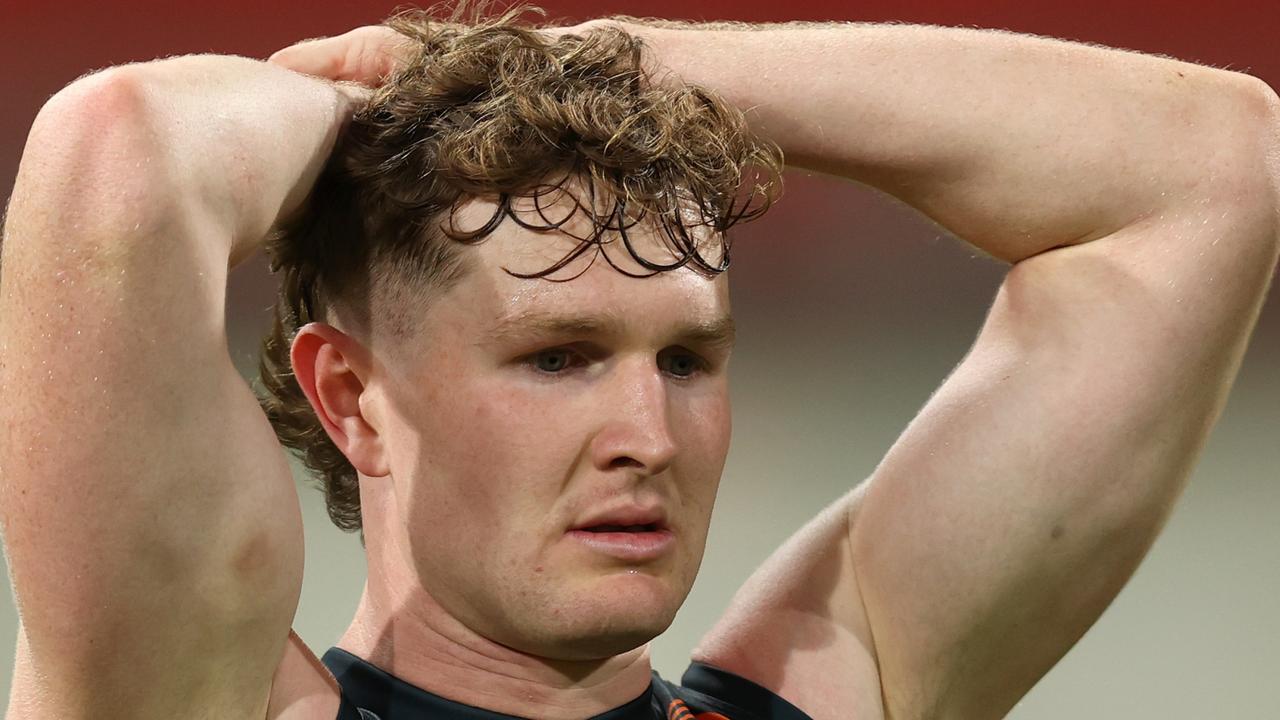 SYDNEY, AUSTRALIA - MAY 18: Tom Green of the Giants looks dejected during the round 10 AFL match between Greater Western Sydney Giants and Western Bulldogs at ENGIE Stadium on May 18, 2024 in Sydney, Australia. (Photo by Jason McCawley/AFL Photos/via Getty Images)