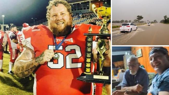 Townsville Cyclones player Cory Gardiner (left image) and his team of 19 were stranded in Bowen from the floods. Picture: Supplied.