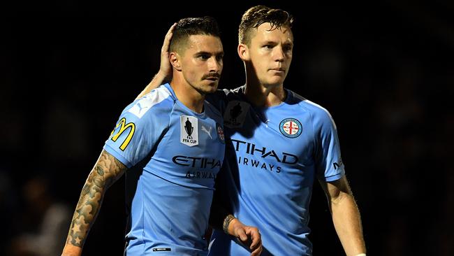 Melbourne City’s Jamie Maclaren, left, with teammate Scott Galloway. Picture: AAP