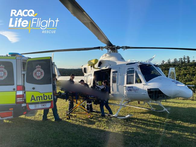 The Bundaberg-based RACQ LifeFlight Rescue helicopter crew has taken a man to hospital, after he was injured in a quad bike crash.