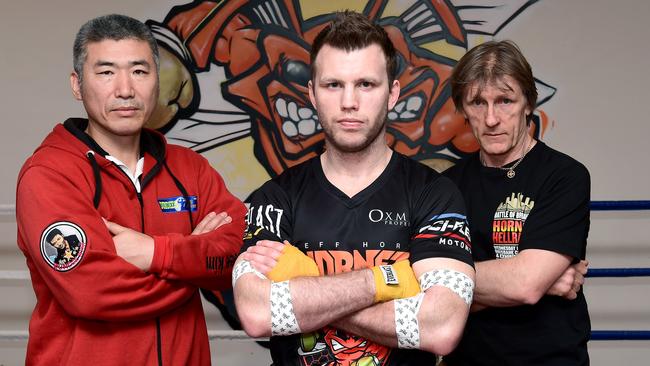 Jeff Horn with Glenn Rushton and Dundee Kim. Picture: Getty Images