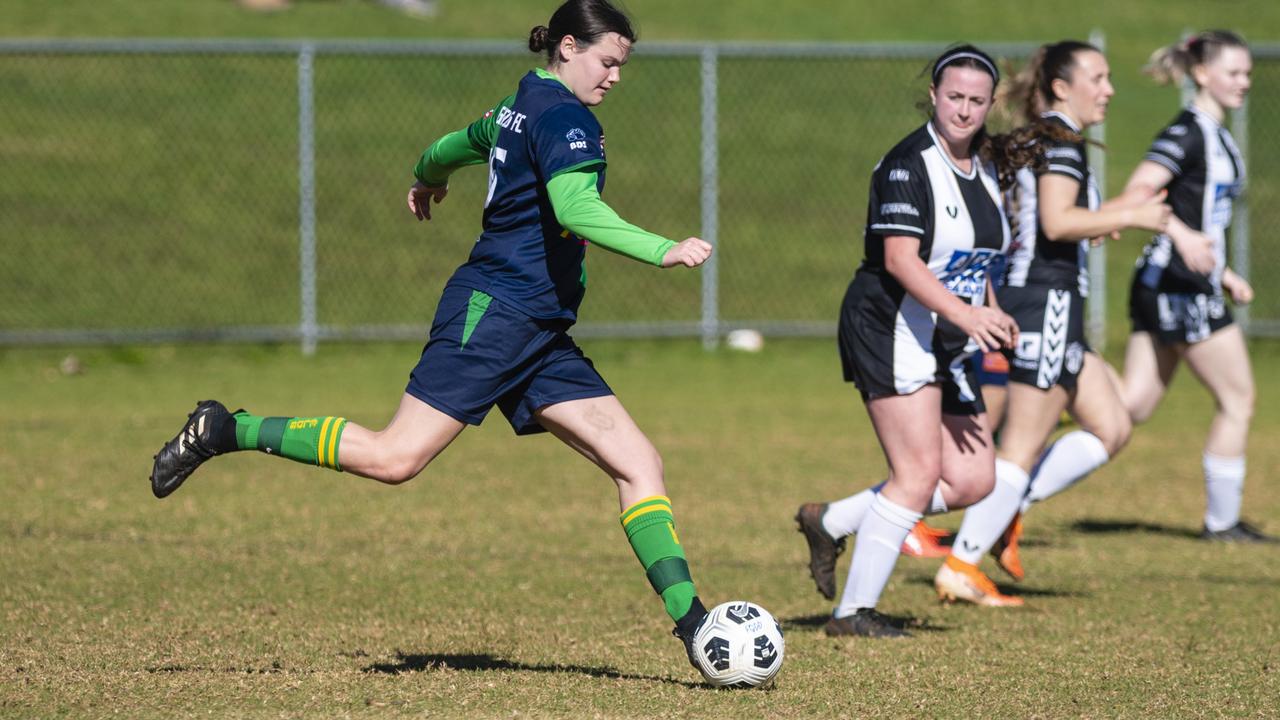 Bridget Peden of Highfields against Willowburn in FQPL Women Darling Downs Presidents Cup football at West Wanderers, Sunday, July 24, 2022. Picture: Kevin Farmer