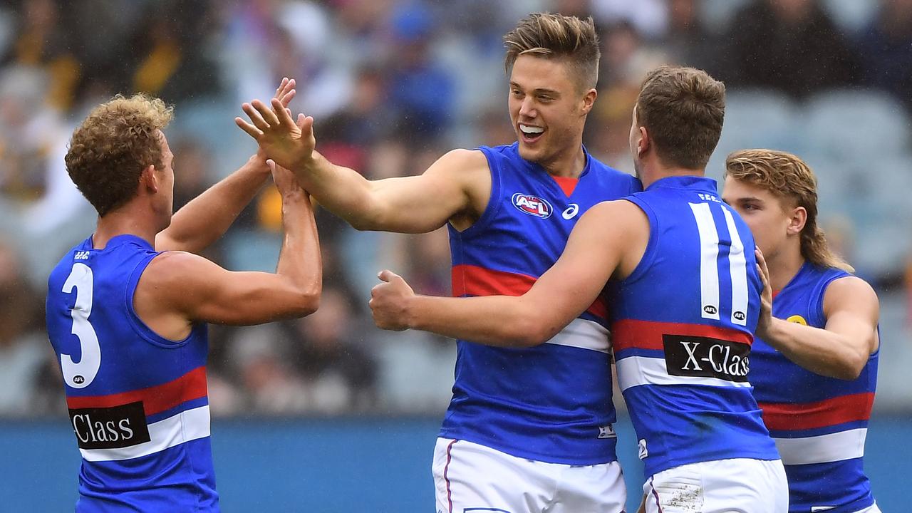 Josh Schache celebrates a goal against Hawthorn on Sunday.