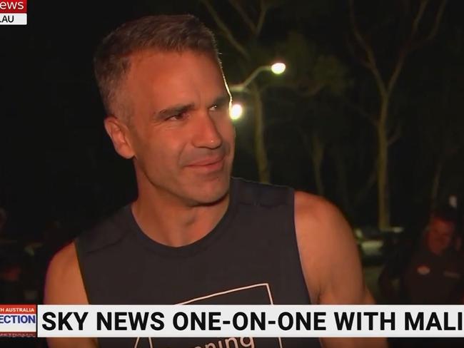 Mr Malinauskas was interviewed wearing a singlet top that read: “running for the future”. Picture: Supplied/Sky News