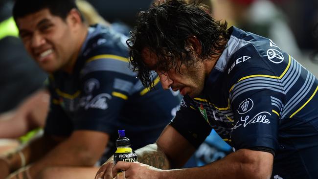 Cowboys star Johnathan Thurston takes a break during the match against the Knights. Picture: Evan Morgan