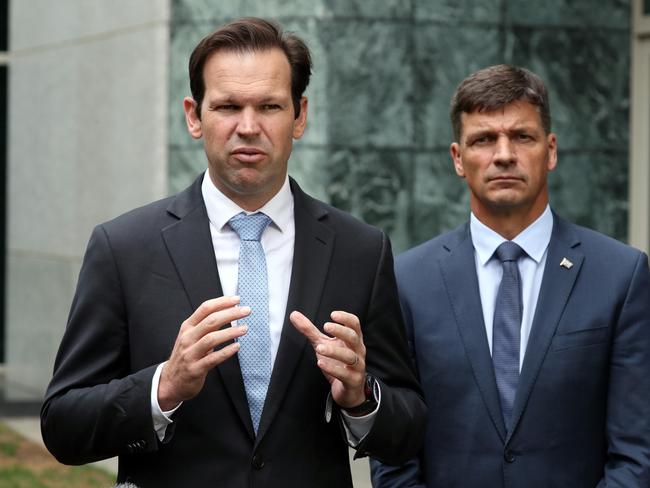 Minister for Resources and Northern Australia Matt Canavan and Minister for Energy Angus Taylor during a doorstop to discuss current developments in the coal and energy sector at Parliament House in Canberra. Picture Gary Ramage