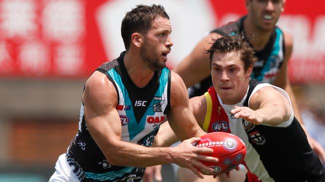 Travis Boak suffered a heavy collision in Power’s pre-season clash against West Coast in Perth.