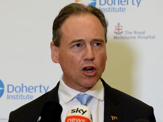 MELBOURNE, AUSTRALIA - NewsWire Photos DECEMBER 14, 2021: Federal Health Minister Greg Hunt at The Peter Doherty Institute for Infection and Immunity in Melbourne for the announcement of a deal for local manufacture of the Moderna Covid vaccine. Picture: NCA NewsWire / Andrew Henshaw