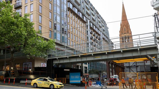 Part of the Suburban Rail Loop seen on the corner of Collins and Swanston streets in the Melbourne CBD. Picture NCA NewsWire / Ian Currie