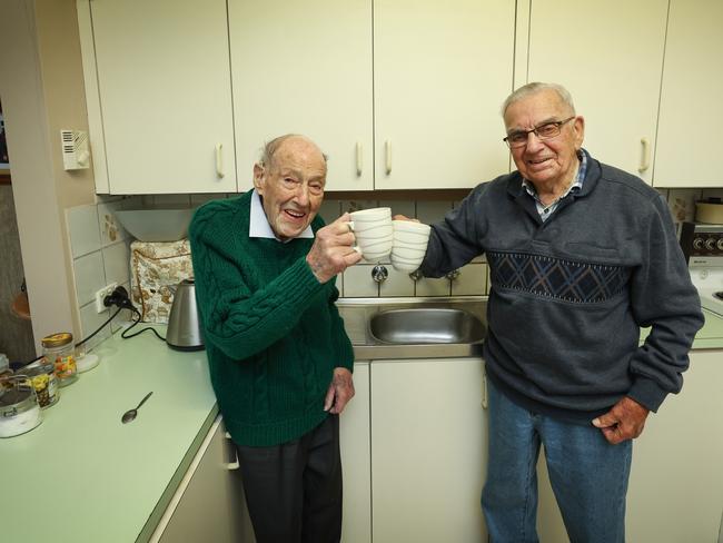 Vern Roberts (left) is likely the oldest surviving witness of the end of World War II. Picture: David Caird