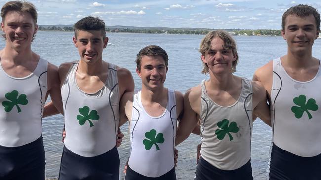 St Patrick's College first crew from left: James Halsall, Paddy O'Brien, Isaac Martin, Nedd Bennett and William Hexter. Picture: Shane Jones