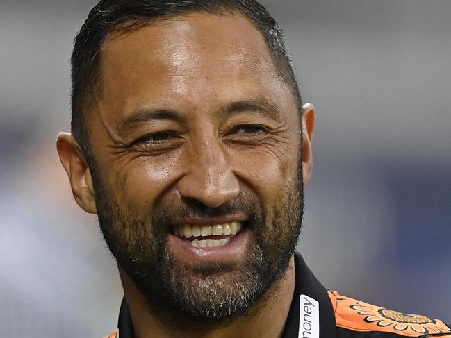 TOWNSVILLE, AUSTRALIA - MAY 24: Tigers coach Benji Marshall looks on before the start of the round 12 NRL match between North Queensland Cowboys and Wests Tigers at Qld Country Bank Stadium, on May 24, 2024, in Townsville, Australia. (Photo by Ian Hitchcock/Getty Images)