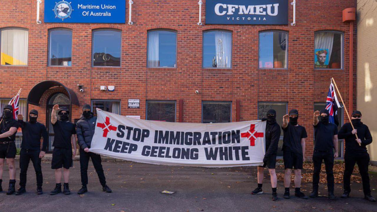 Members of the National Socialist Network pose in front of the CFMEU building in Geelong. Photo: Supplied.