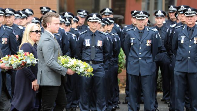 Victoria Police commemorating the lives of Sergeant Gary Silk and Senior Constable Rodney Miller on the 19th anniversary of their deaths. Picture: Alex Coppel