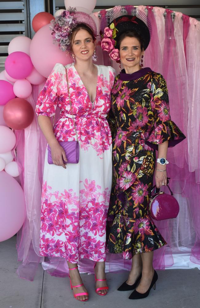 Brooke Wonson and Belinda Thorburn at the Rockhampton Jockey Club's Pink Ribbon Stradbroke Charity Race Day at Callaghan Park on June 15, 2024.