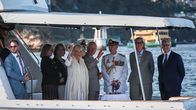 King Charles III and Queen Camilla, accompanied by Australia's Governor-General Sam Mostyn (2nd R), stand aboard the Admiral Hudson naval vessel during a Navy Fleet review in Sydney. Picture: NewsWire / Roni Bintang