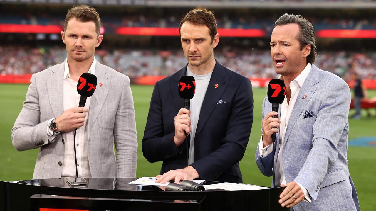 Hamish McLachlan, Patrick Dangerfield and Jobe Watson pre game on Channel 7. Pic: Michael Klein.