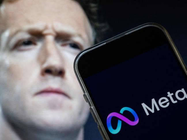 This photo illustration created on January 7, 2025, in Washington, DC, shows an image of Mark Zuckerberg, CEO of Meta, and a phone displaying the download page for the Facebook app. Social media giant Meta on January 7, 2025, slashed its content moderation policies, including ending its US fact-checking program, in a major shift that conforms with the priorities of incoming president Donald Trump. (Photo by Drew ANGERER / AFP)