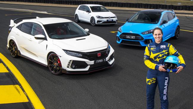 Australian Rally Champion Molly Taylor puts the Honda Civic Type R, Ford Focus RS LE and VW Golf R Grid Edition through their paces. Picture: Mark Bean.