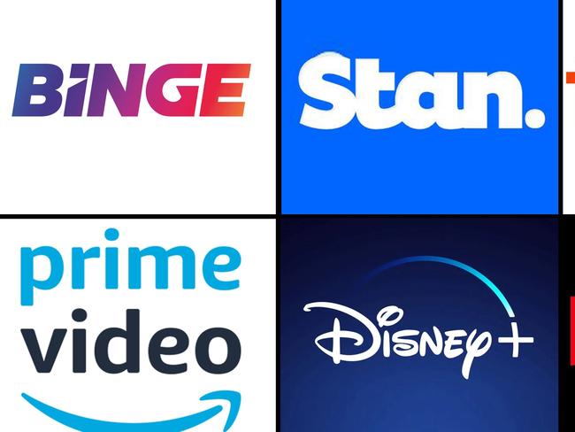 16:9 crop - Australia streaming services logo composite. Binge, Stan, Foxtel, Amazon, Disney, Netflix.