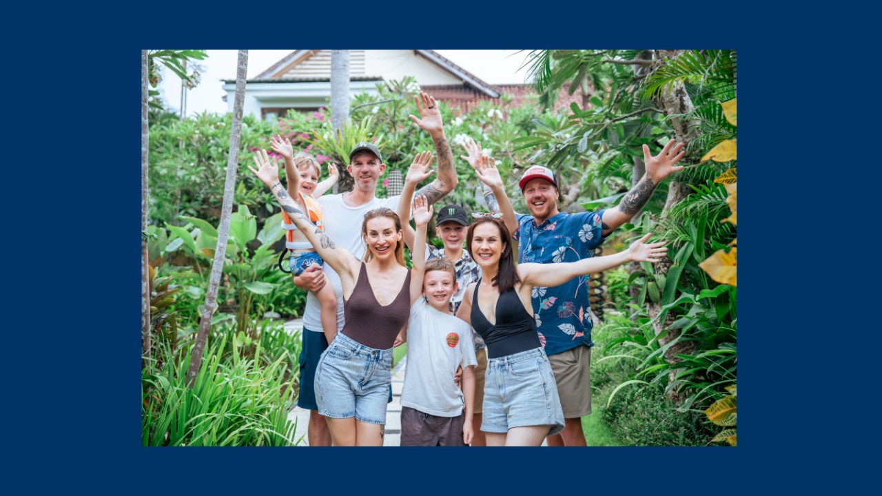 Kirstin with family and friends at Sagara Villas & Suites, Sanur, Bali. Image: Supplied.