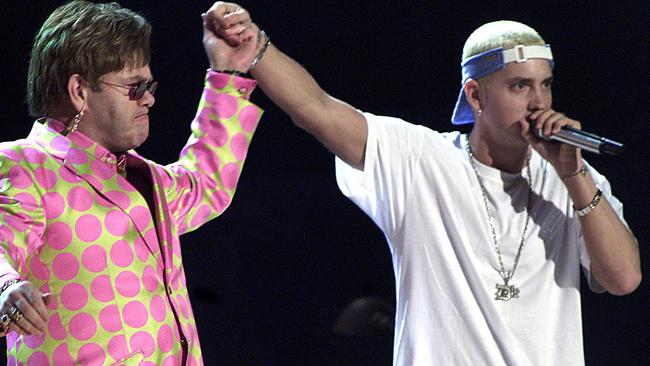 Elton with Eminem during the 43rd Grammy Awards in 2001. Picture: Getty Images