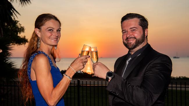 Dan Hilliard and Cassandra Maxwell from mix 104.9 at the Great Humpty Ball Darwin 2024. Picture: Pema Tamang Pakhrin