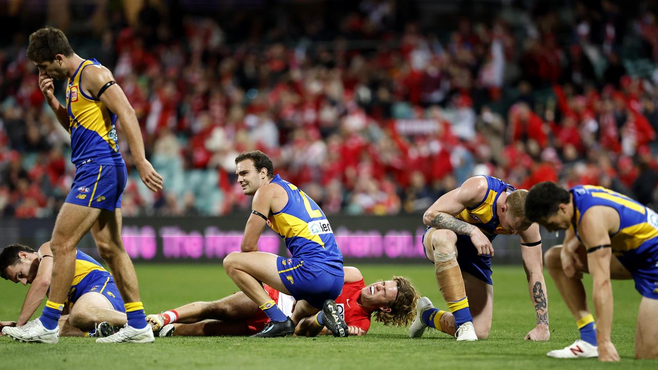 Dejected West Coast Eagles react at the full time siren. Picture: Phil Hillyard