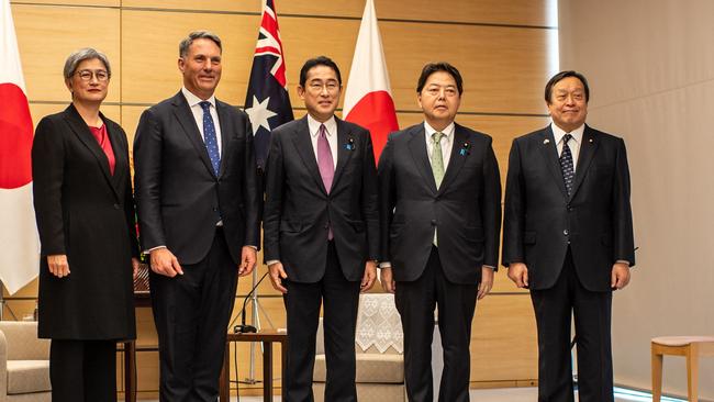 Australia's Foreign Minister Penny Wong and Defence Minister Richard Marles with Japan's Prime Minister Fumio Kishida, Foreign Minister Yoshimasa Hayashi and Defence Minister Yasukazu Hamada. Picture: Philip Fong/Pool/AFP