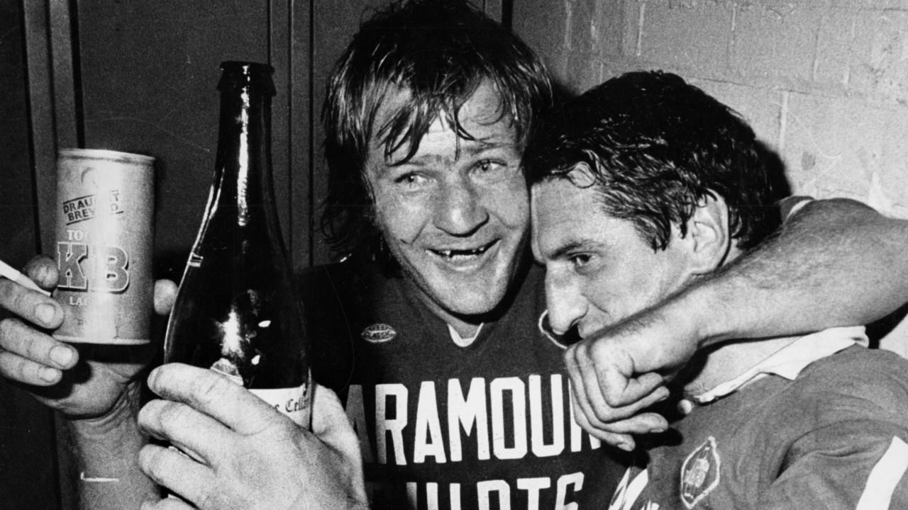 Tommy Raudonikis and Ken Wilson celebrate finals win with the Jets in 1981.