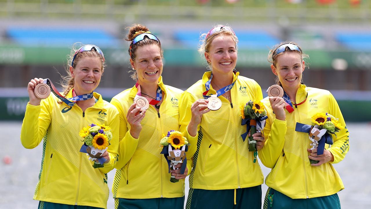 TOKYO, JAPAN - JULY 28: Bronze medalists Ria Thompson, Rowena Meredith, Harriet Hudson and Caitlin Cronin of Team Australia pose with their bronze medals during the medal ceremony for the Women's Quadruple Sculls Final A on day five of the Tokyo 2020 Olympic Games at Sea Forest Waterway on July 28, 2021 in Tokyo, Japan. (Photo by Naomi Baker/Getty Images)