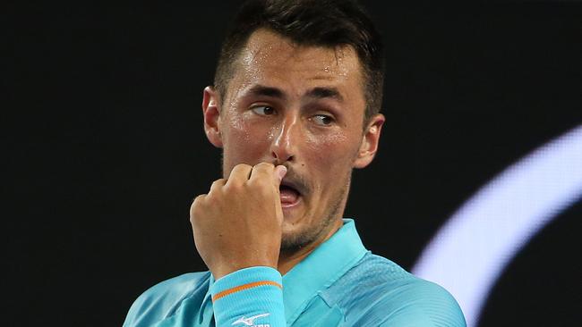 Bernard Tomic during his straight sets loss to Marin Cilic. Picture: Michael Klein