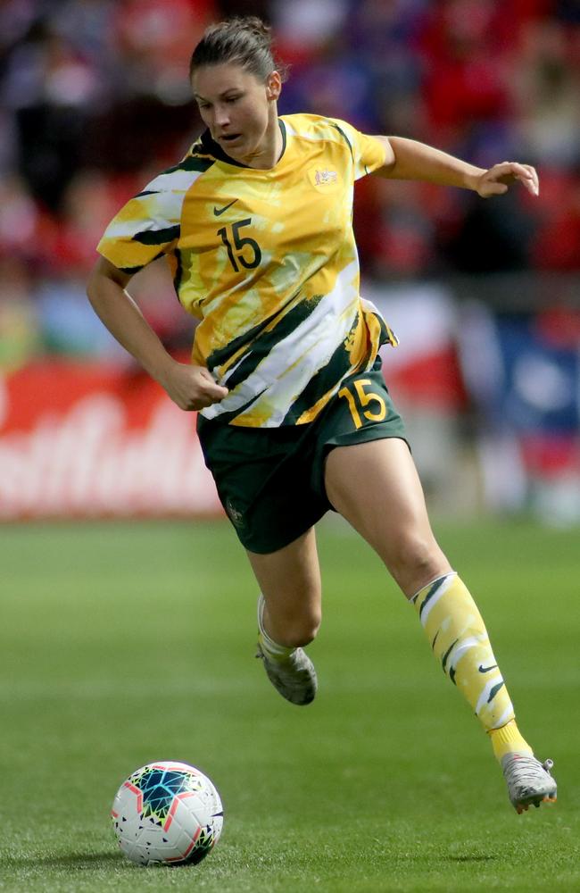 Emily Gielnik playing for the Matildas in 2019. Picture: AAP Image/Kelly Barnes