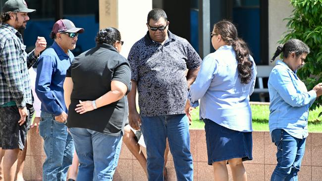 Family members of Ailsa 'Rani' Satini, who died in a horrific crash at Manoora on July 3 last year, gather outside Cairns Supreme Court after a three hour sentencing hearing for Morris Ling, 35, who has pleaded guilty to manslaughter. Ms Satini's uncle Jamie Satini (centre) read the victim impact statement on behalf of the family. Picture: Isaac McCarthy