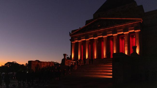 Dignitaries walk up the steps of the Shrine of Remembrance during the Dawn Service. Picture: Getty Images