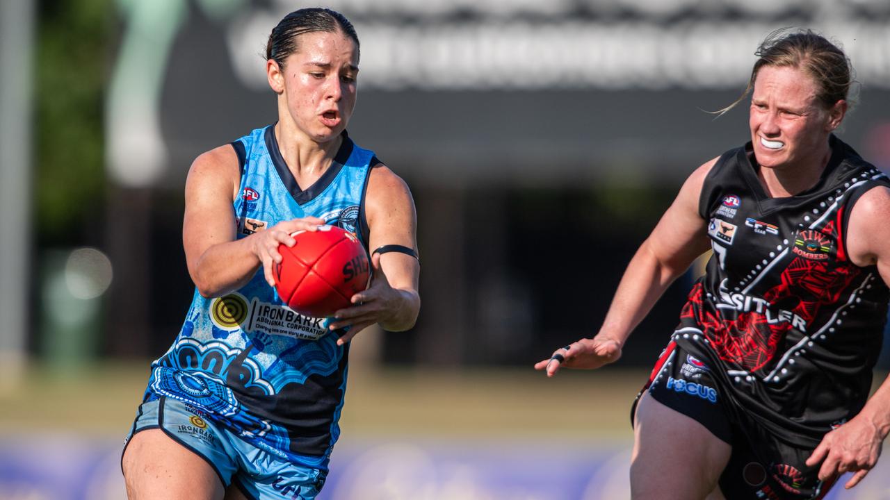 Dom Carbone (left) playing for the Darwin Buffaloes against the Tiwi Bombers in Round 4 of the 2024-25 NTFL season. Picture: Pema Tamang Pakhrin